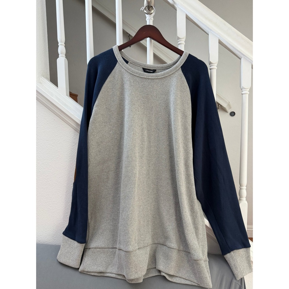 J. Peterman Mens Raglan Sweatshirt Grey Navy Blue Elbow Patches XL Pullover